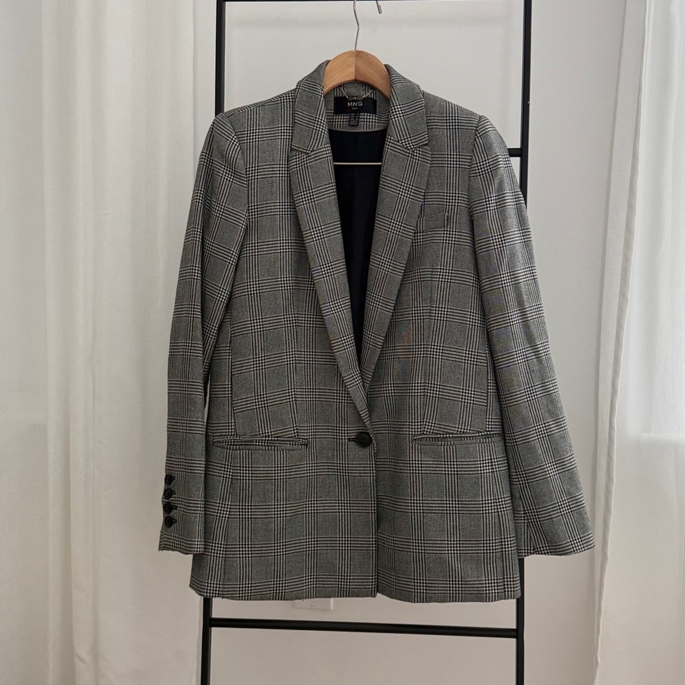 Mango Houndstooth Plaid Single-Button Blazer - X-Small
